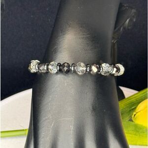 Black Silver Crystal Bead Open Cuff Bracelet NWOT
